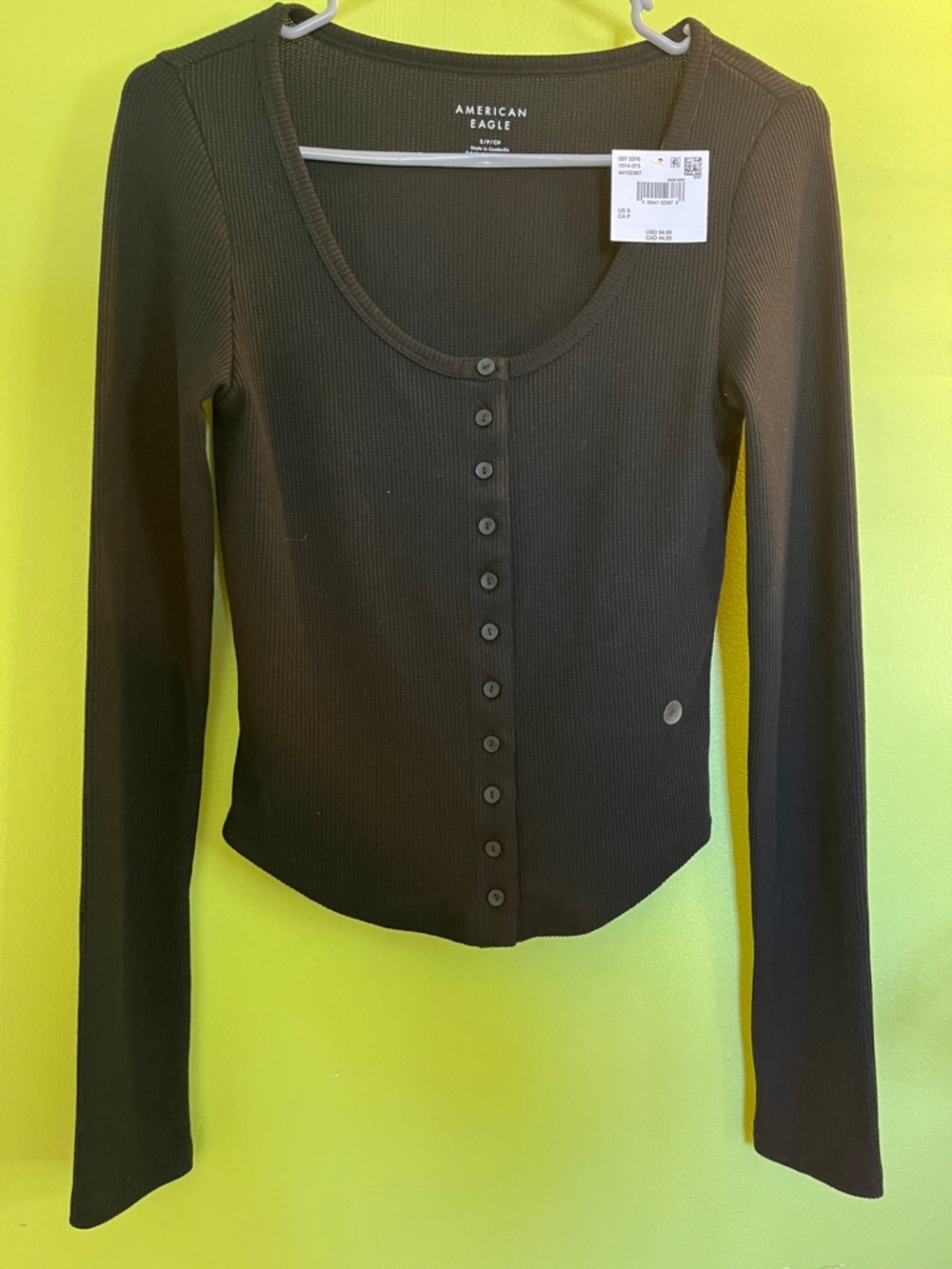 American Eagle Outfitters Black Ribbed Button-Down Long Sleeve Top